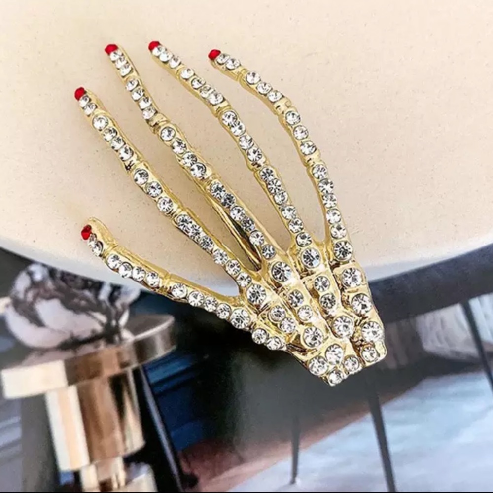 Rhinestone Skeleton Hand Hair Clip Gold (1 Pc) - Picture 3 of 5